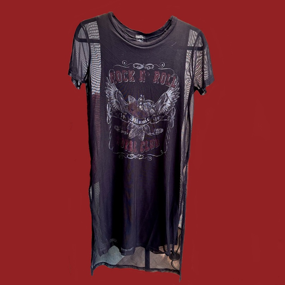 Rockstar Charcoal T-Shirt Dress w/ Mesh Overlay
